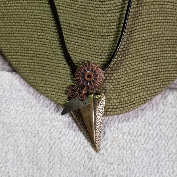 Coppertone goldtone silvertone triangle pendant black cord necklace - Picture 4 of 6